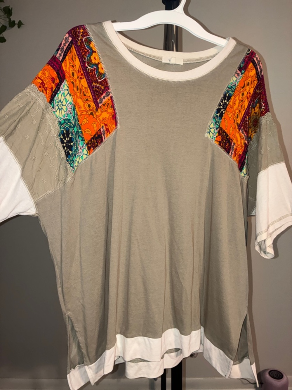 Relaxed Taupe/Green Short Sleeve Top with Orange Patchwork Accents